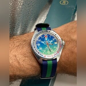 Vostok Komandirskie watch, Boctok, box, insert, leather strap, new nato strap